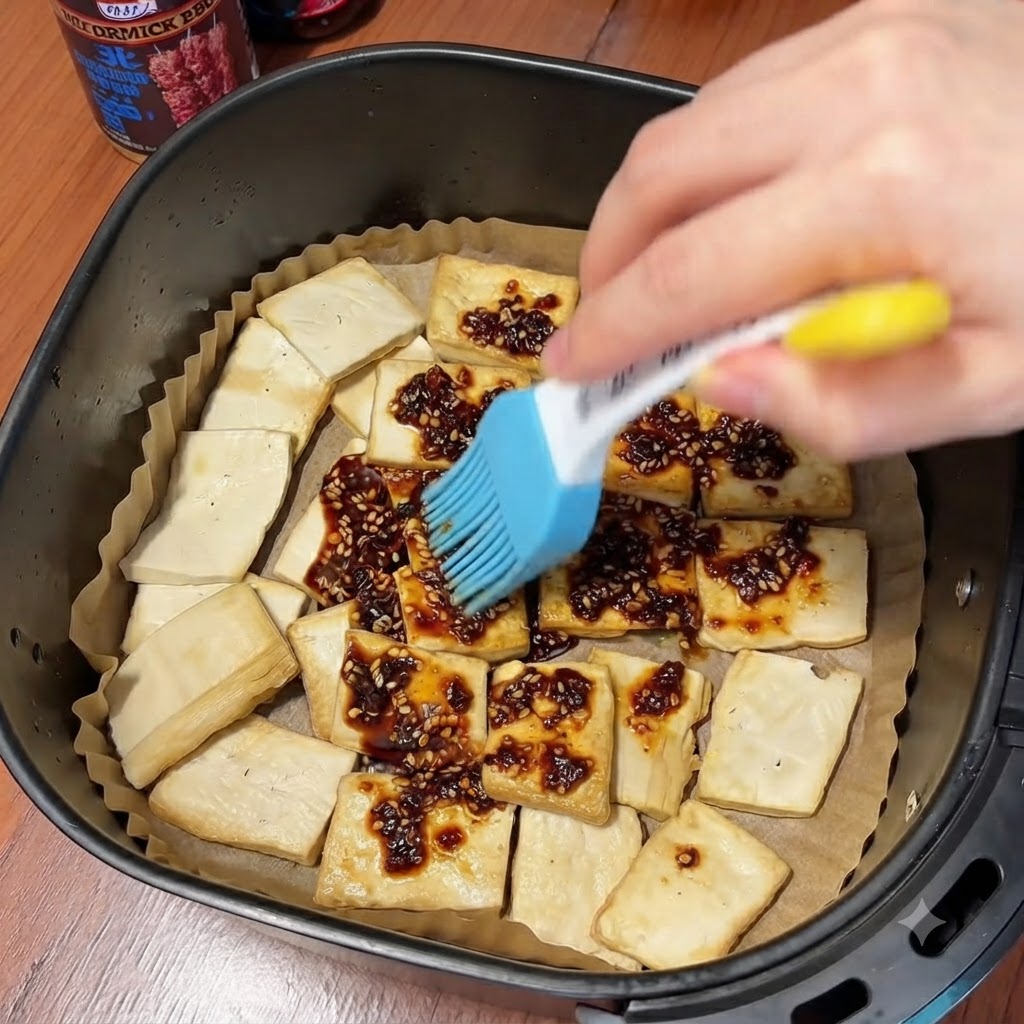 Ręka używająca niebieskiego silikonowego pędzelka do rozprowadzania ciemnoczerwonego sosu chili z sezamem na odwróconych plastrach tofu we frytkownicy powietrznej.