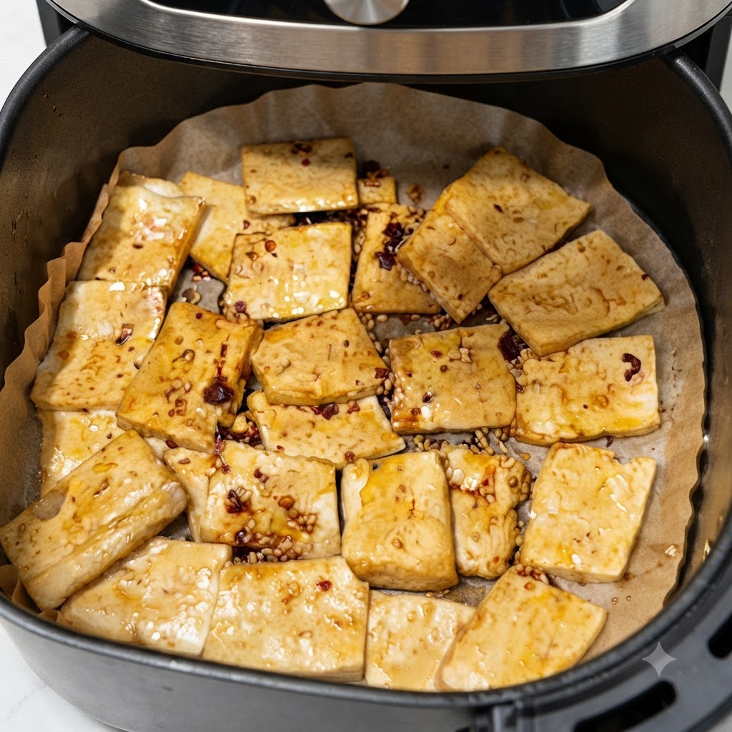 Plastry tofu w koszu frytkownicy powietrznej spryskiwane olejem przed ostatnią rundą pieczenia.