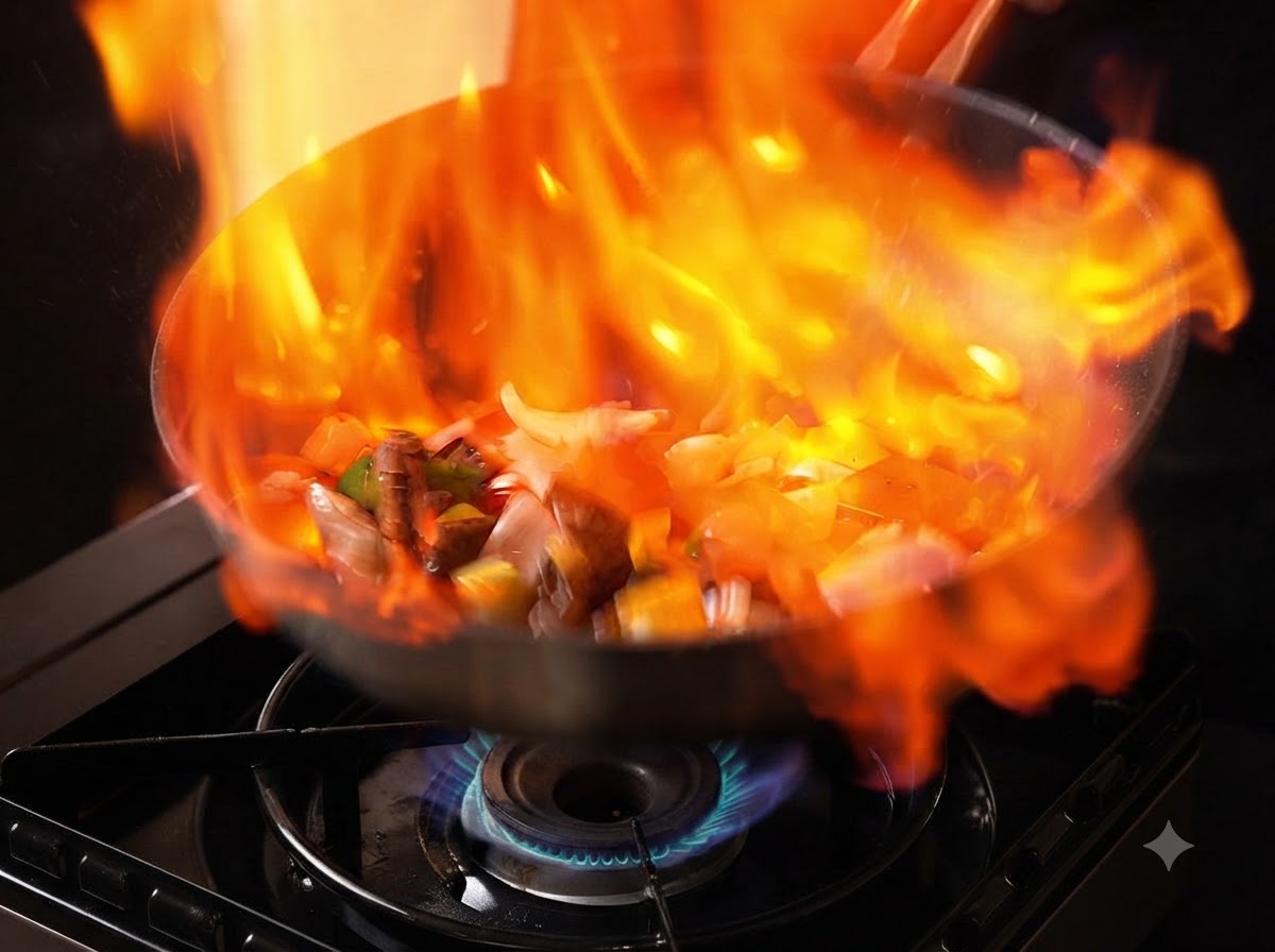 Duży płomień obejmujący patelnię podczas procesu flambirowania mięsa i warzyw.