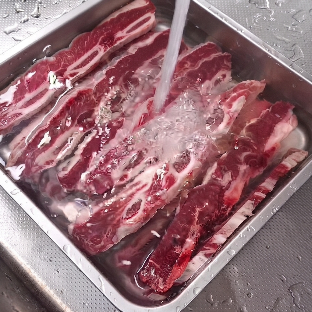 Surowe żeberka LA Galbi zanurzone w pojemniku ze stali nierdzewnej napełnionym wodą.
