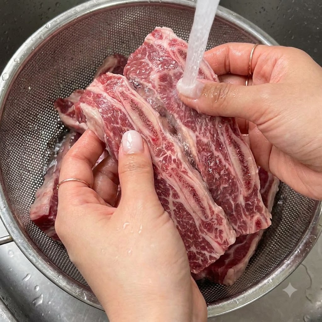 Świeże żeberka wołowe LA Galbi płukane pod bieżącą wodą w durszlaku.