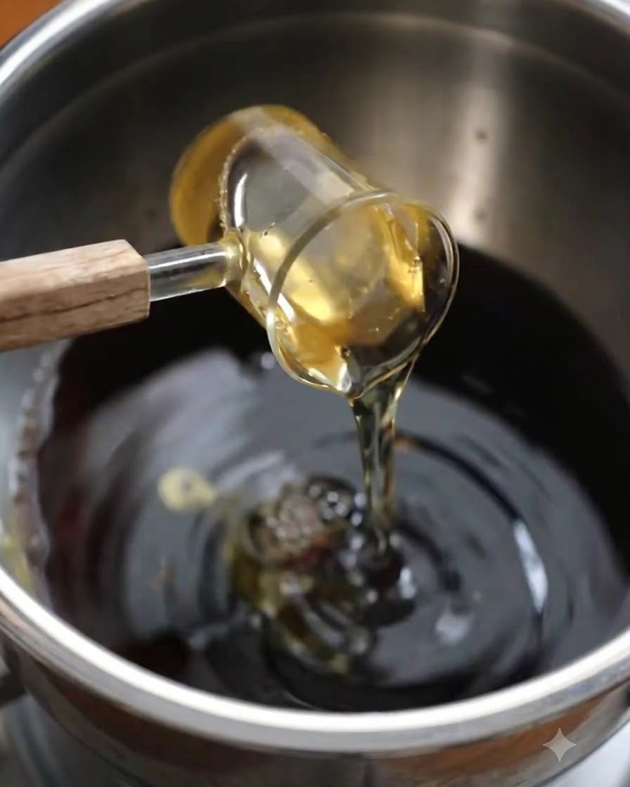 Sake, biały cukier i sok owocowy wlewane do doprawionej mieszaniny płynów w misce.