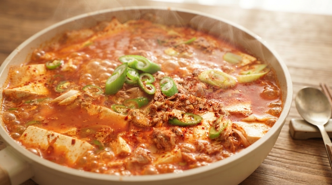 Płytki rondelek z bulgoczącym koreańskim duszonym tofu, zawierający grube plastry tofu i kawałki tuńczyka w wyrazistym czerwonym bulionie chili, posypany świeżą zieloną papryczką.