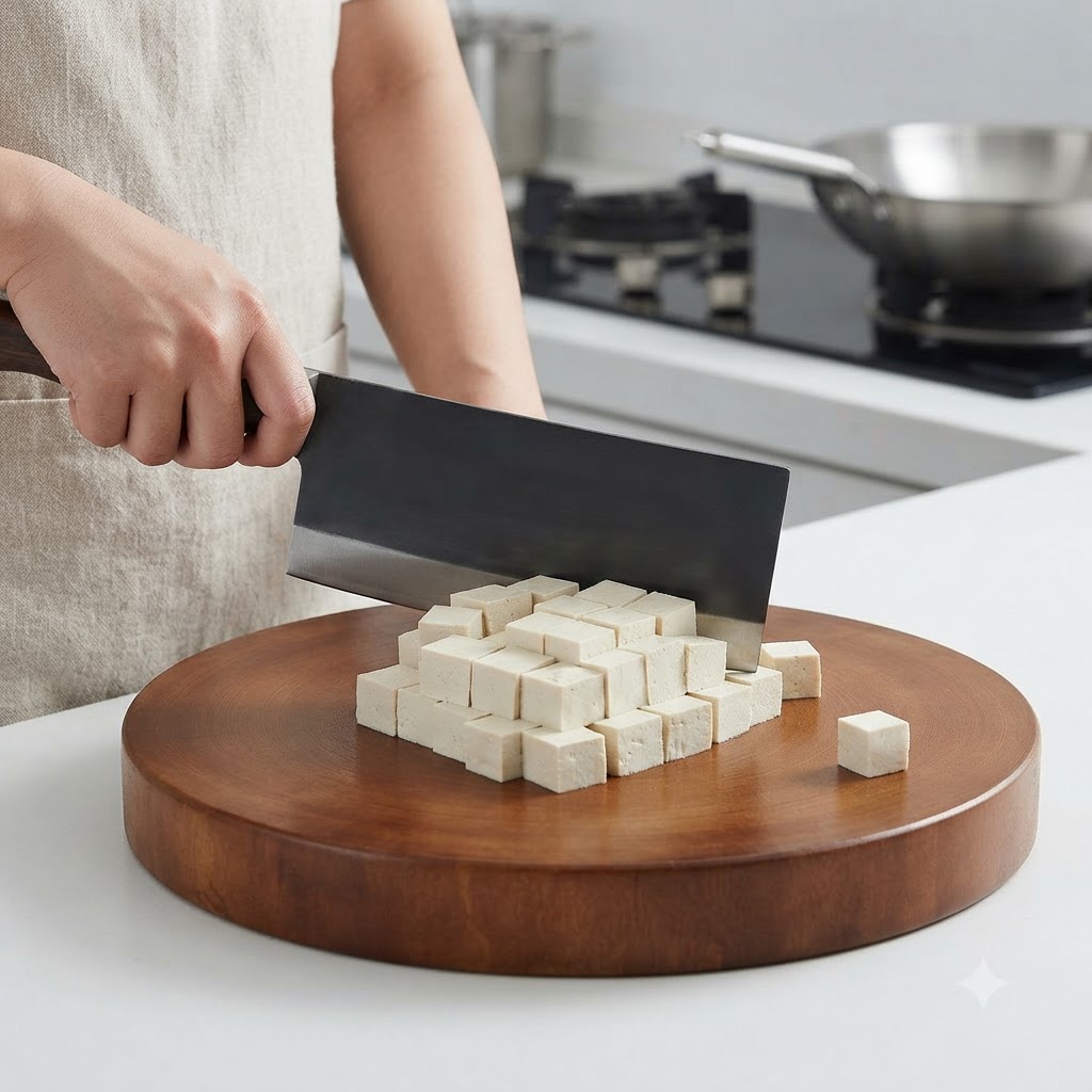 Blok białego tofu krojony na małe kostki nożem kuchennym na drewnianej desce do krojenia.