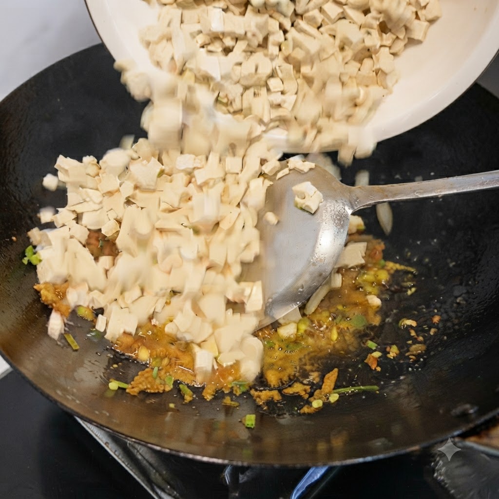 Pokrojone tofu przesypywane z białej miski do woka zawierającego podsmażone aromaty.