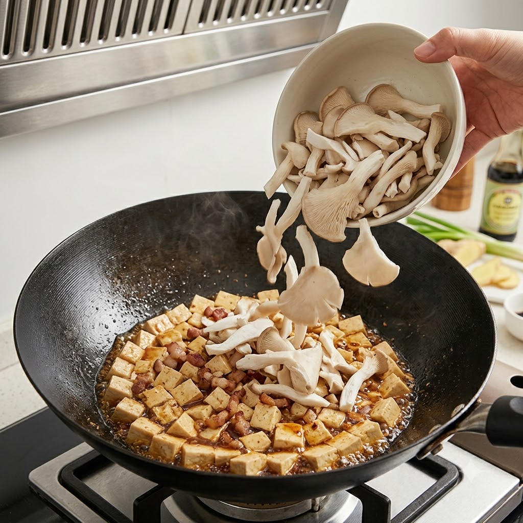 Pokrojone boczniaki dodawane z miski do woka wypełnionego tofu i kawałkami wieprzowiny.