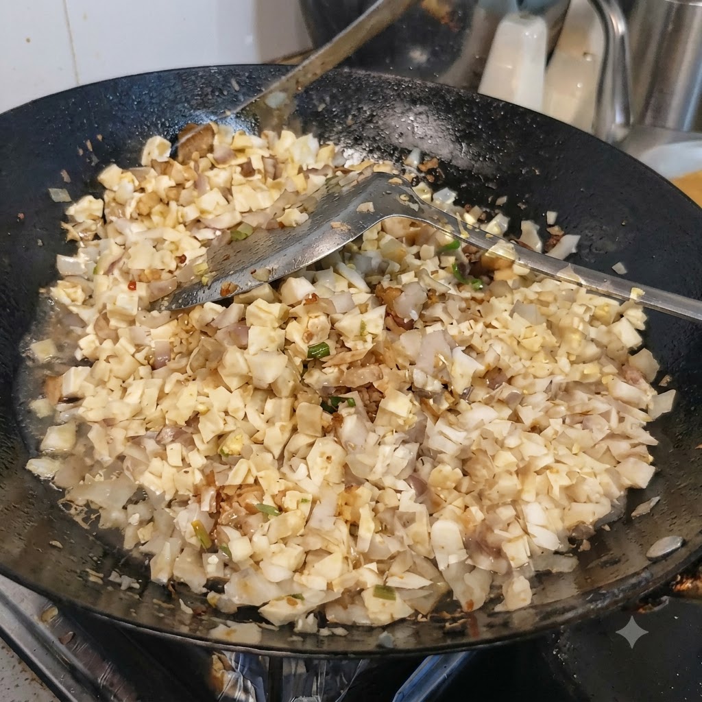 Sól sypana do mieszaniny pokrojonego tofu i boczniaków w woku.