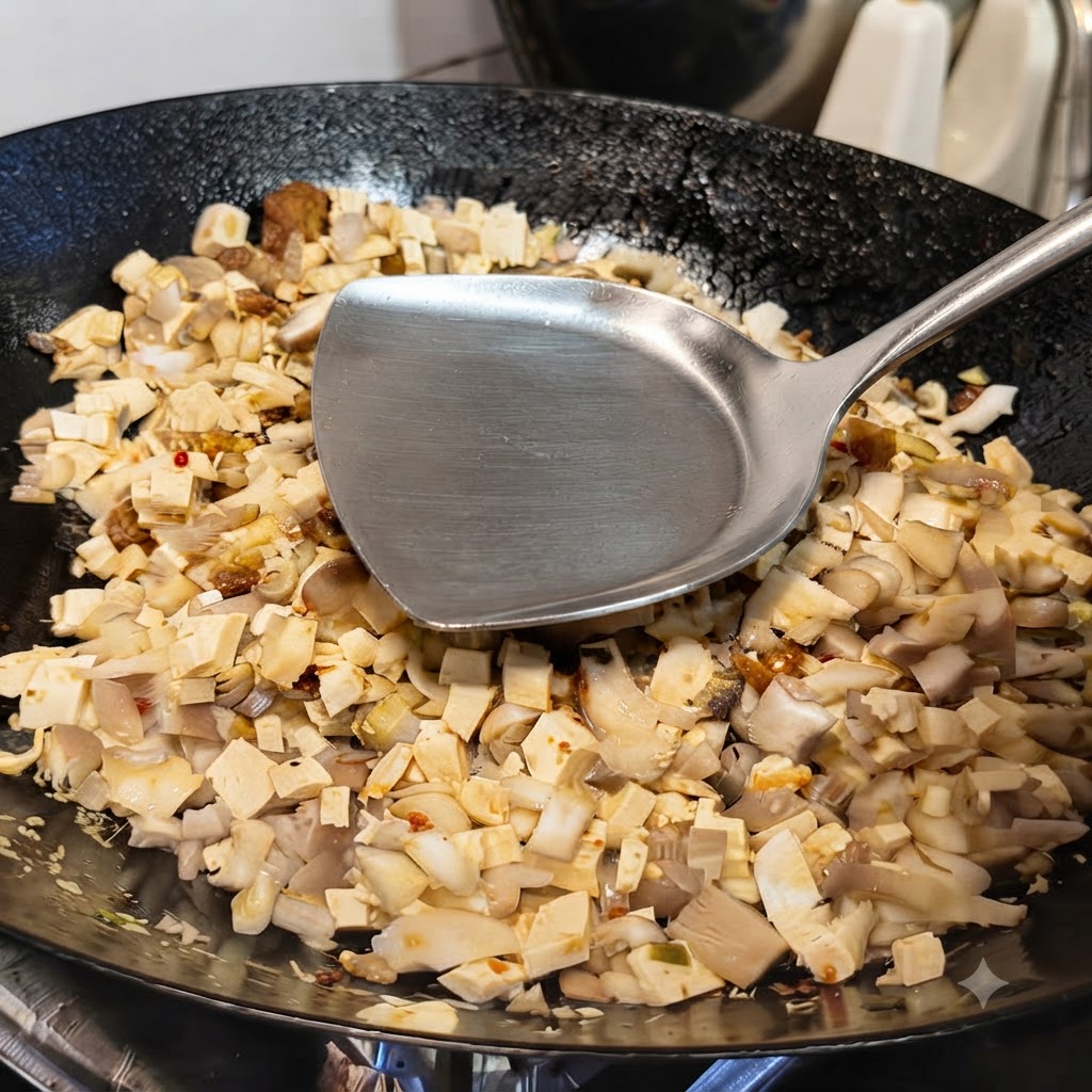 Woda wlewana do woka zawierającego doprawione tofu i grzyby.