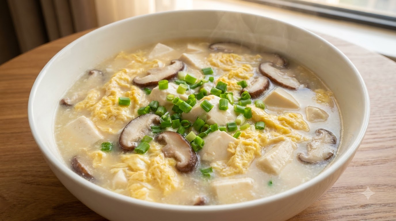 Kojąca zupa z tofu, grzybami shiitake i jajkiem