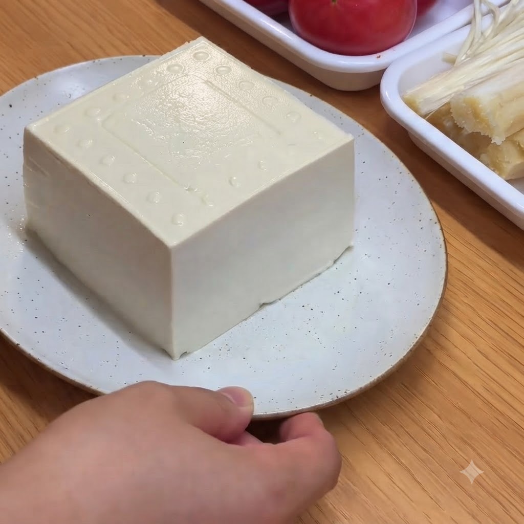Blok miękkiego białego tofu krojony na małe prostokątne kostki na białym talerzu.