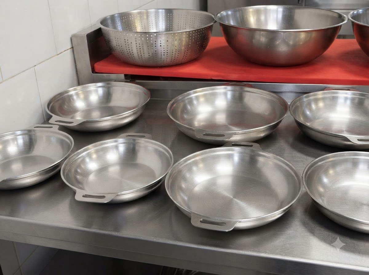 Wiele pustych i przygotowanych okrągłych metalowych naczyń do hot potu na metalowym blacie.