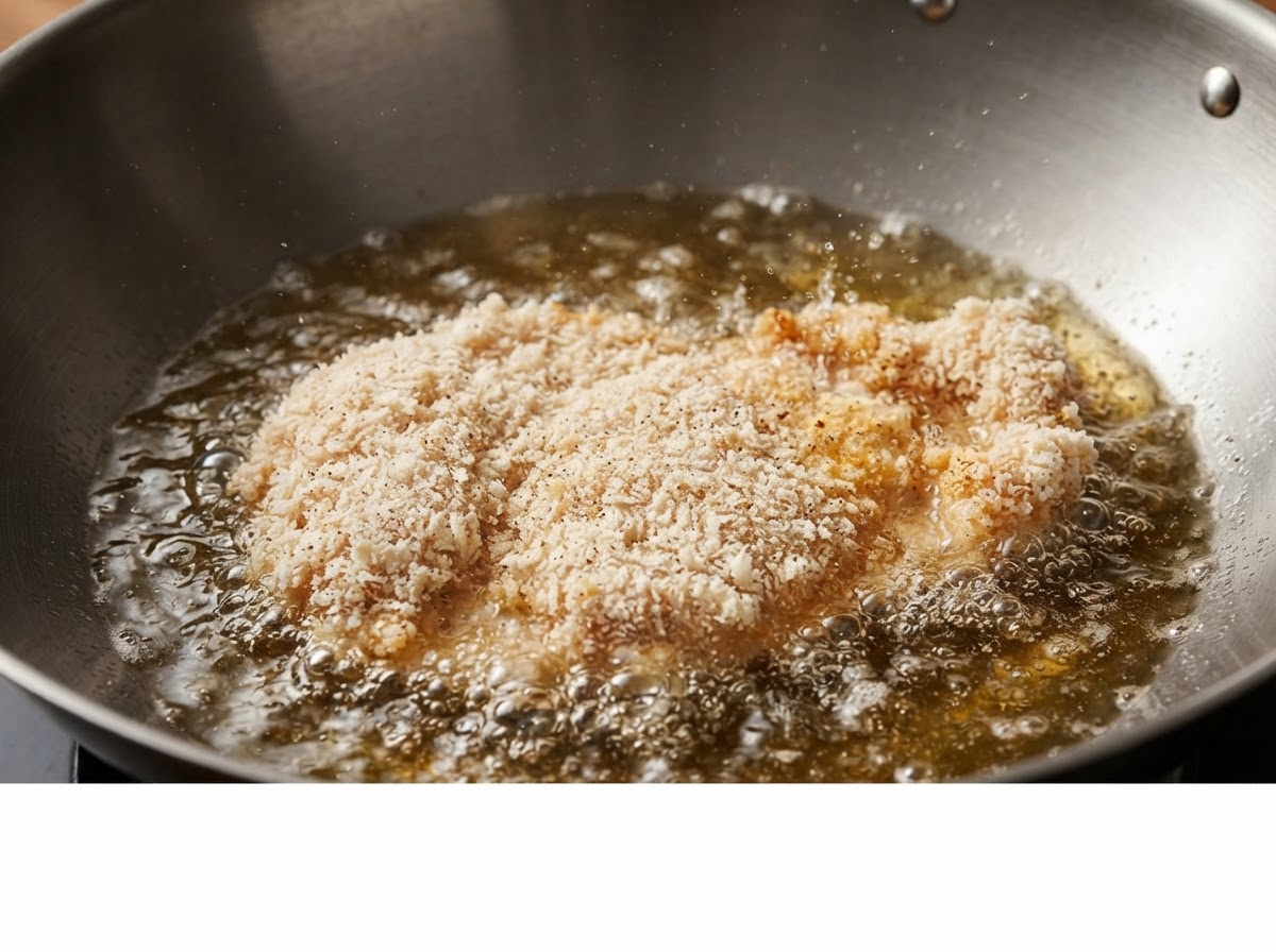 Panierowany kotlet z kurczaka smażący się w dużym woku wypełnionym bulgoczącym olejem.