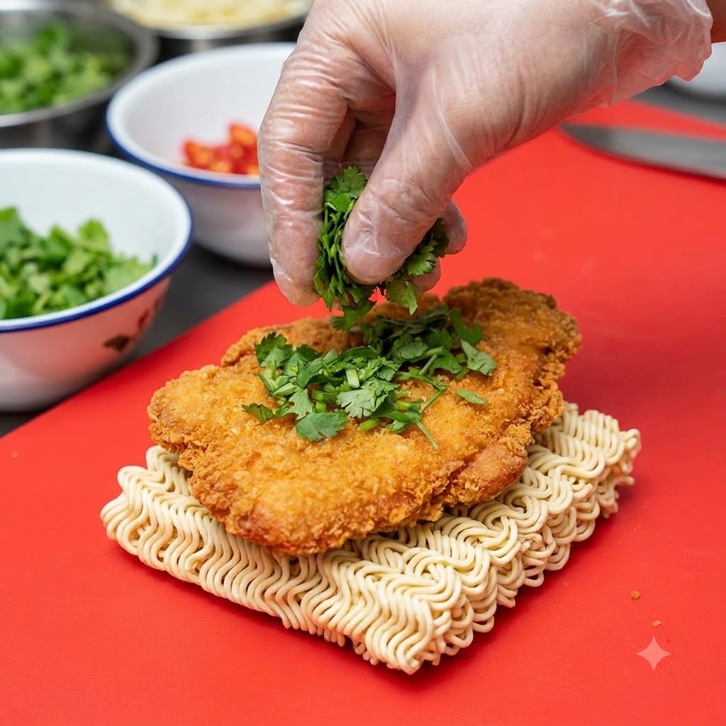 Ręka w rękawiczce posypująca posiekaną zieloną pietruszką złocisty panierowany kotlet z kurczaka ułożony na suchym makaronie błyskawicznym.
