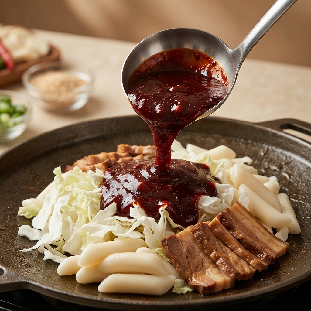 Metalowa chochla wylewająca ciemnoczerwony, przyprawiony sos na warstwę posiekanej kapusty, białych klusek ryżowych i grillowanego mięsa w naczyniu hot pot.