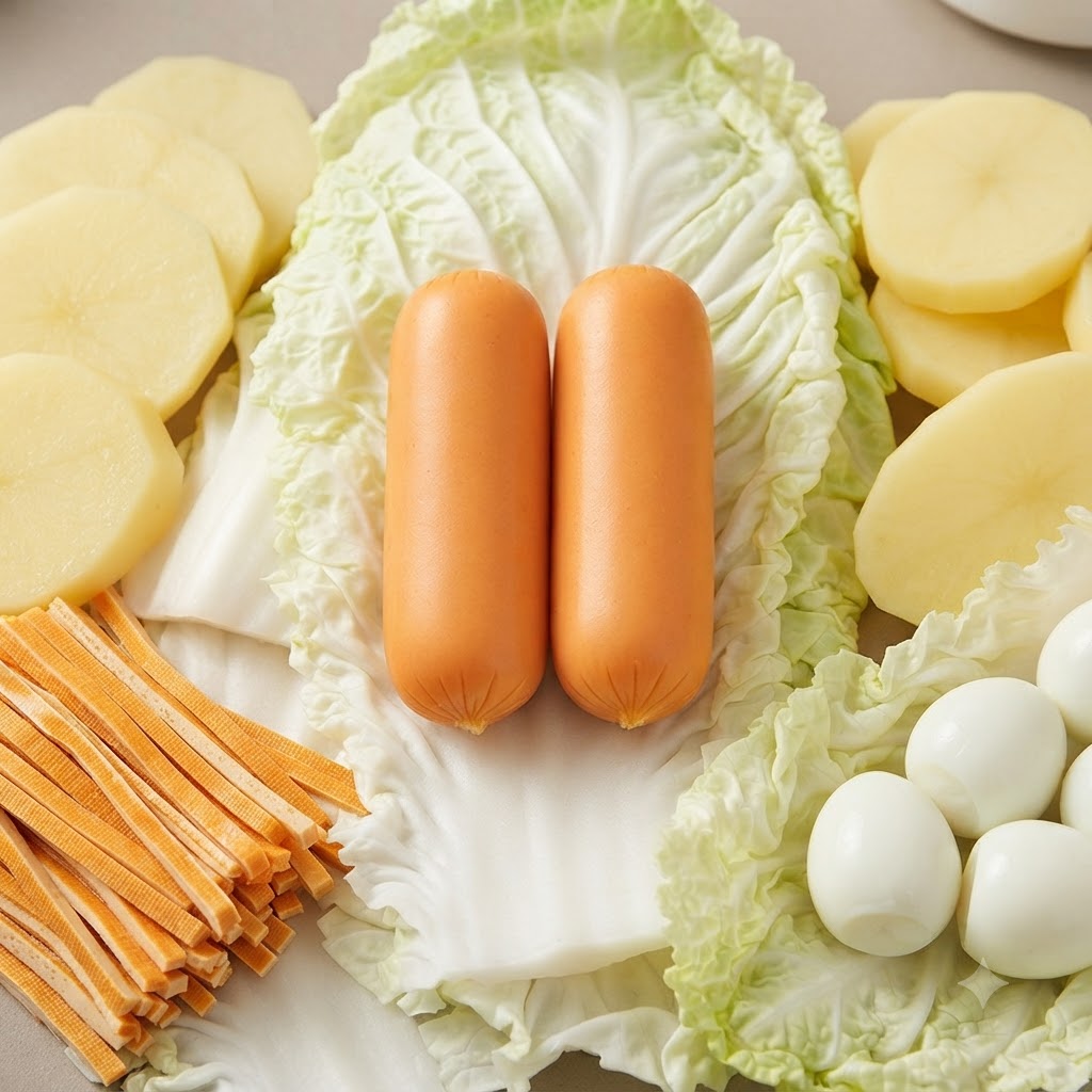 Asortyment surowych składników do hot potu, w tym dwie parówki, jajka przepiórcze, pokrojone ziemniaki, paski tofu i kapusta napa.