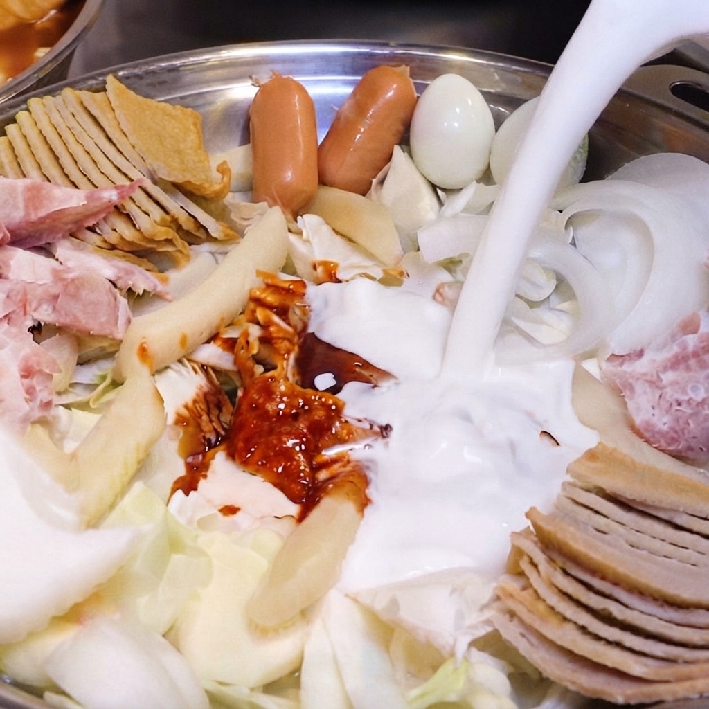 Świeże białe mleko wlewane z dzbanka do naczynia hot pot wypełnionego różnymi składnikami, pikantnym sosem i pokrojoną cebulą.