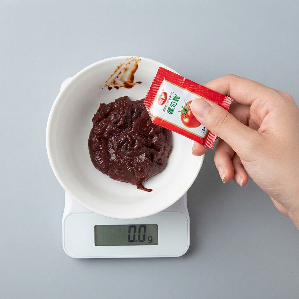Ręka wyciskająca czerwoną saszetkę z sosem pomidorowym do białej miski z koreańską pastą chili na wadze cyfrowej.