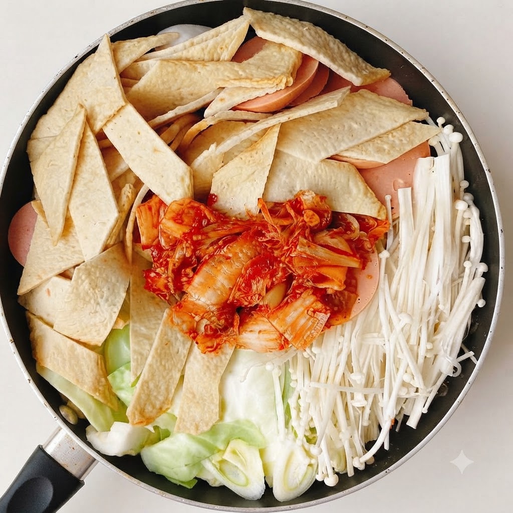Koreański ostry sos i kimchi umieszczone w środku ułożonych w garnku składników.