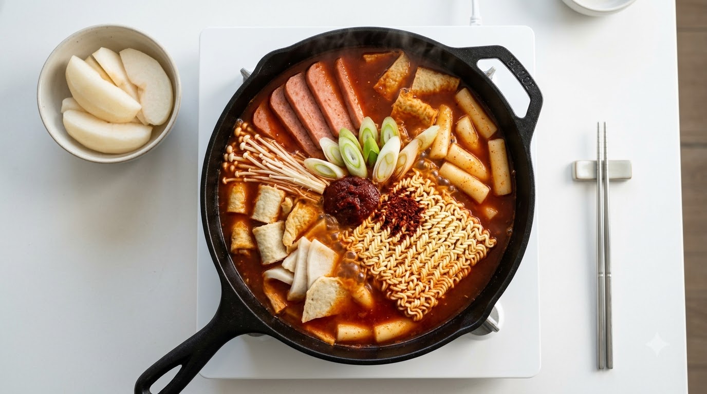 Koreańskie potrawkowe danie garnkowe Budae Jjigae z ciastkami ryżowymi