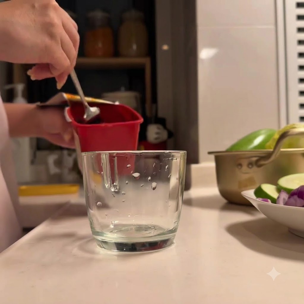 Koreańska pasta chili i inne przyprawy nakładane do szklanego kubka.