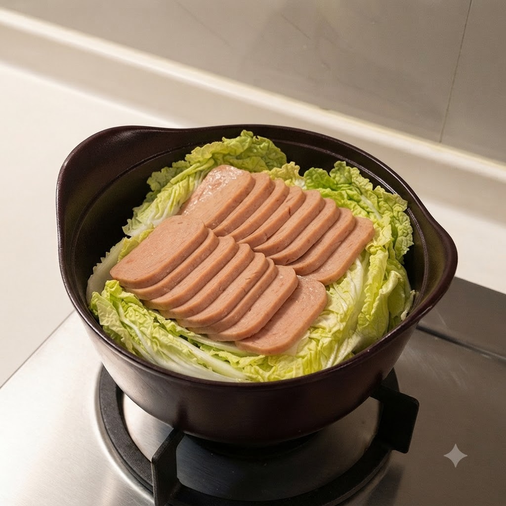 Aranżacja pokrojonego luncheon meat starannie ułożonego na kapuście w garnku.