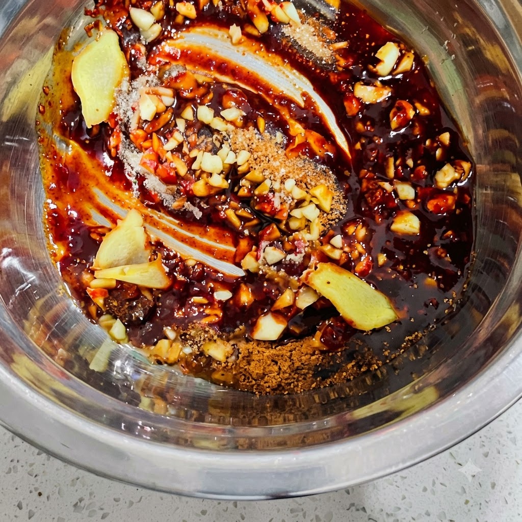 Miska zawierająca koreańską pastę chili, posiekany czosnek, plasterki imbiru i przyprawy w proszku mieszane razem.