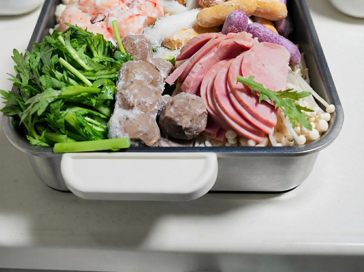 Ciasteczka rybne, roladki wołowe i kimchi w pełni ułożone w garnku do gotowania.