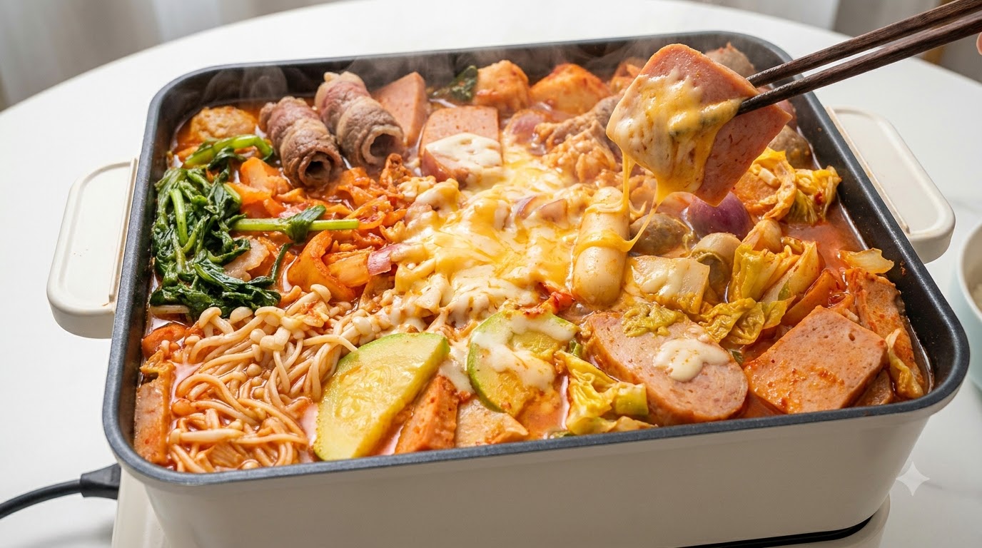Koreańskie gulasz wojskowy (Budae Jjigae) z ryżowymi ciasteczkami