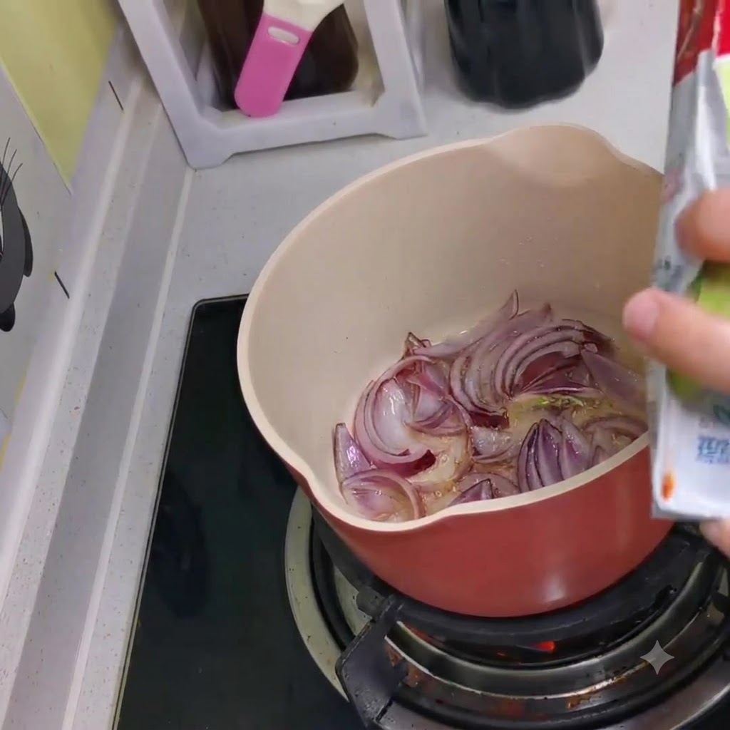 Kimchi wsypywane z opakowania do garnka zawierającego podsmażoną czerwoną cebulę.