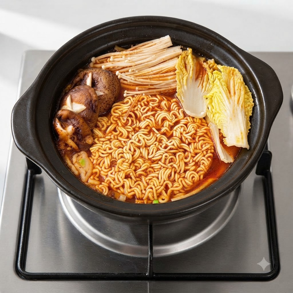 Garnek wypełniony makaronem, grzybami enoki, shiitake i kapustą pekińską gotującymi się w czerwonym bulionie.