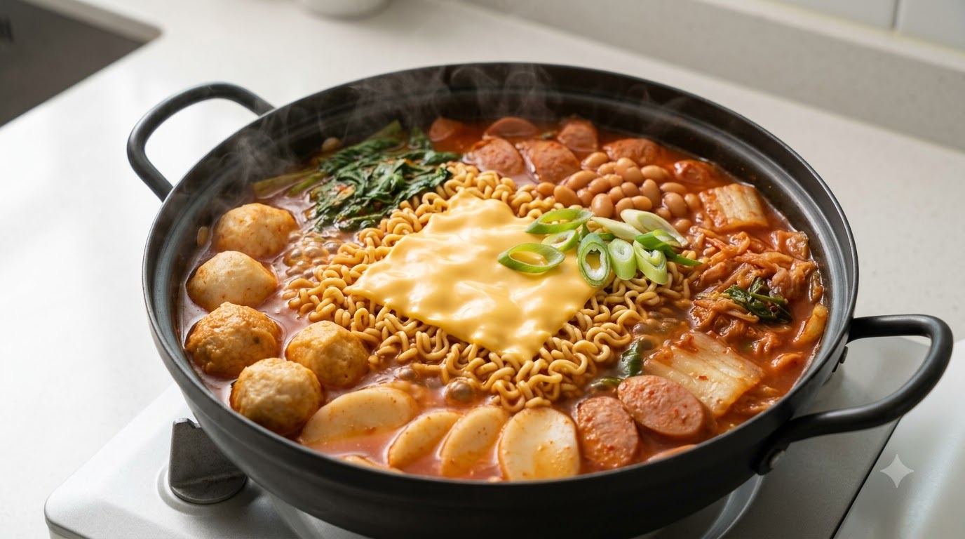 Koreański gulasz z makaronem Shin Ramyun, sosem mala i serem