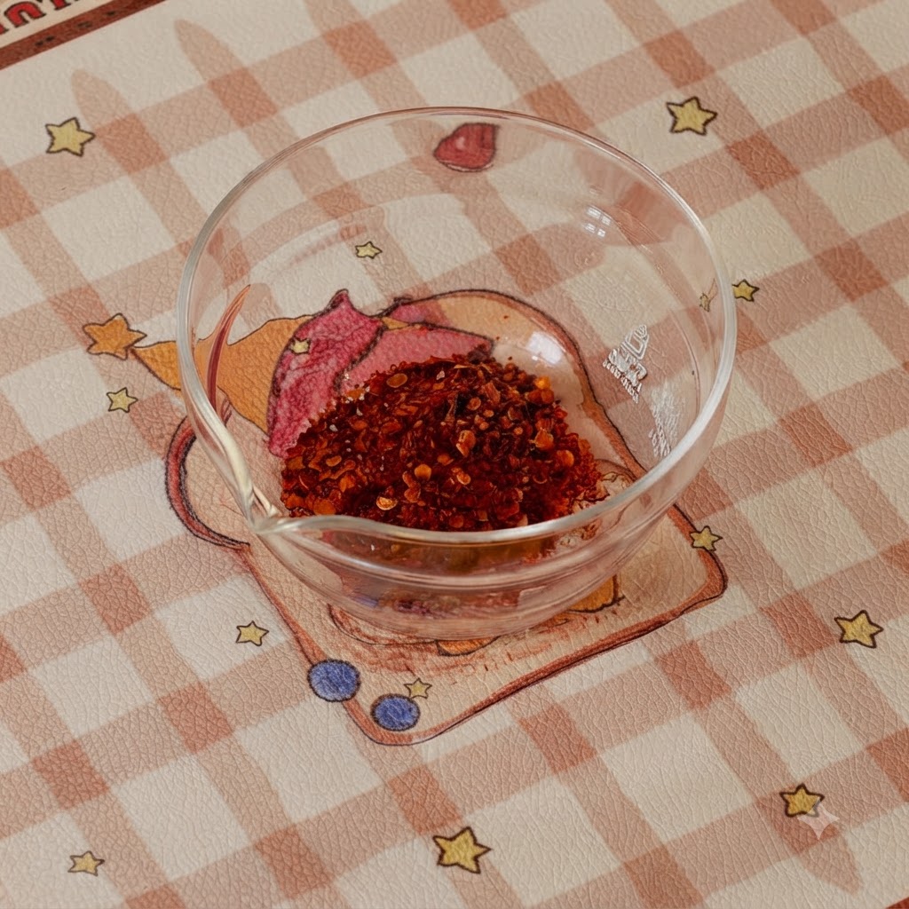 Koreańska pasta chili, chili w proszku, cukier, olej sezamowy, sos ostrygowy i sos sojowy mieszane z wodą w szklanej misce.