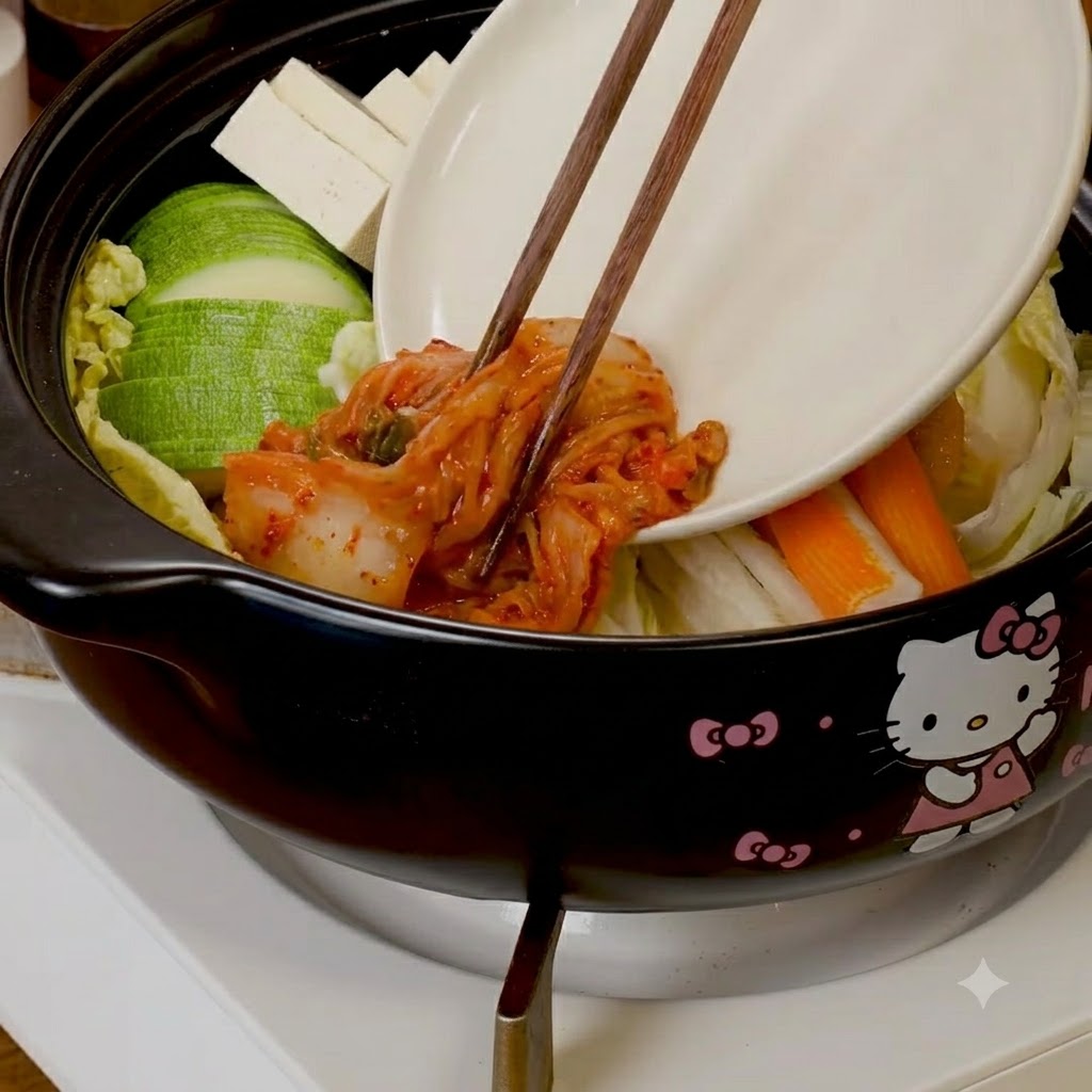 Kimchi i pokrojona tłusta wołowina dodawane do ułożonych składników w garnku za pomocą pałeczek.