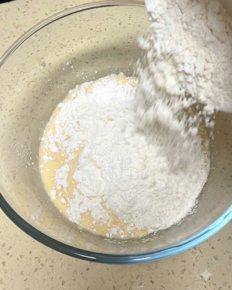 Mąka o wysokiej zawartości glutenu dodawana do mokrych składników i mieszana.
