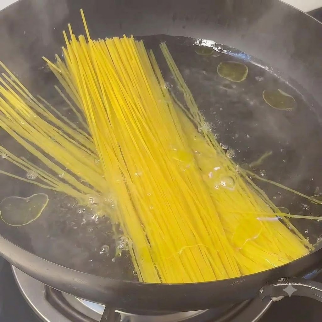 Pęczek długich, żółtych nitek spaghetti wrzucanych do garnka z wrzącą wodą.