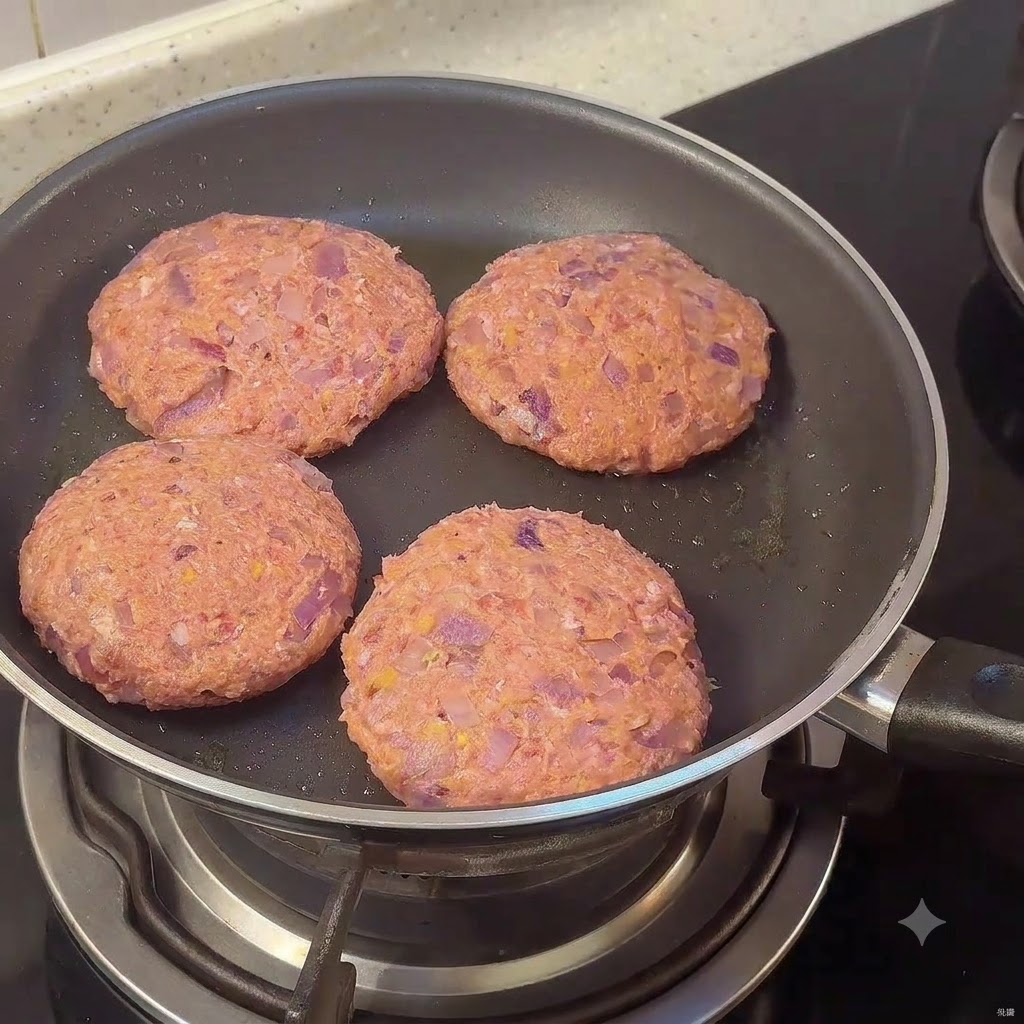 Cztery surowe kotlety hamburgerowe skwierczące na patelni na kuchence.