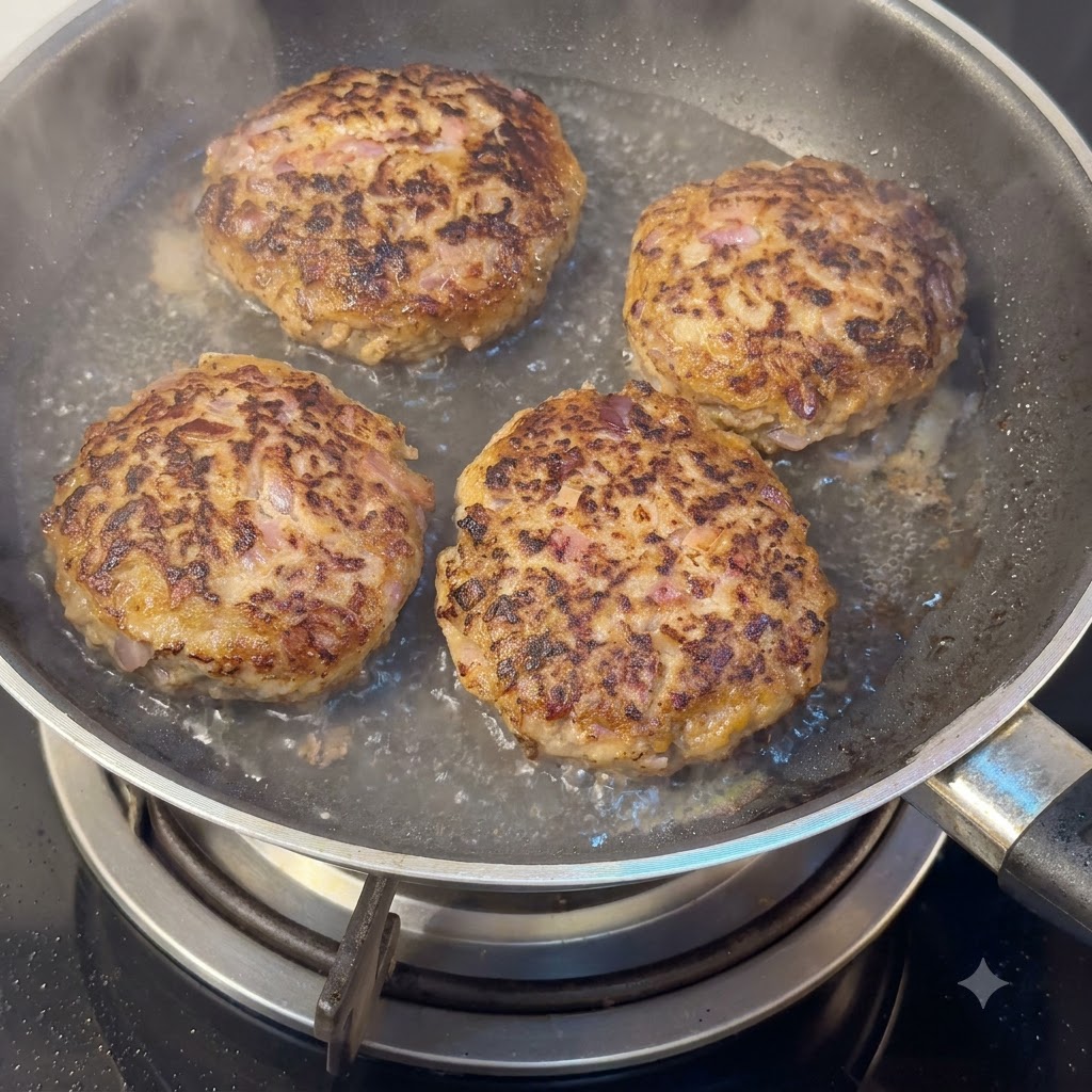 Cztery brązowiejące kotlety burgerowe duszące się z wodą na patelni pod przykryciem z pary.