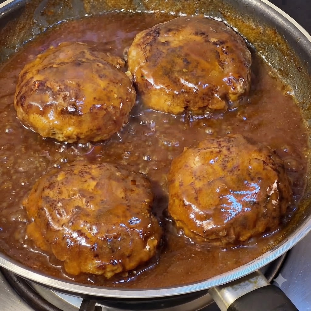 Kotlety hamburgerowe duszące się i pokrywane bogatym brązowym sosem na patelni.