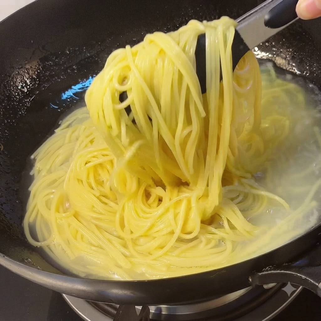 Ugotowane nitki spaghetti wyciągane szczypcami z garnka z wodą na patelnię.