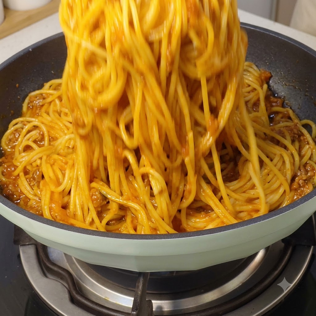 Nitki spaghetti mieszane i łączone dokładnie z sosem na patelni.