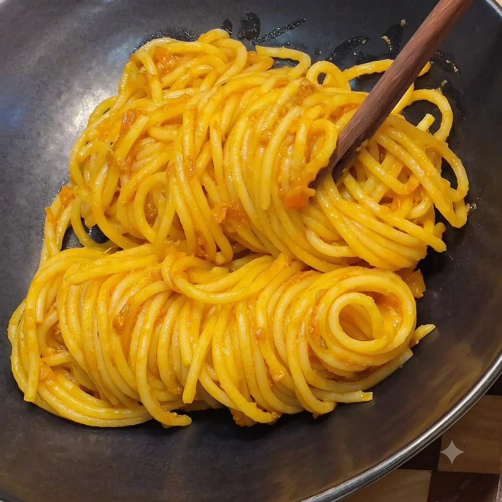 Wymieszane spaghetti ładnie ułożone w ciemnej misce do serwowania za pomocą pałeczek.