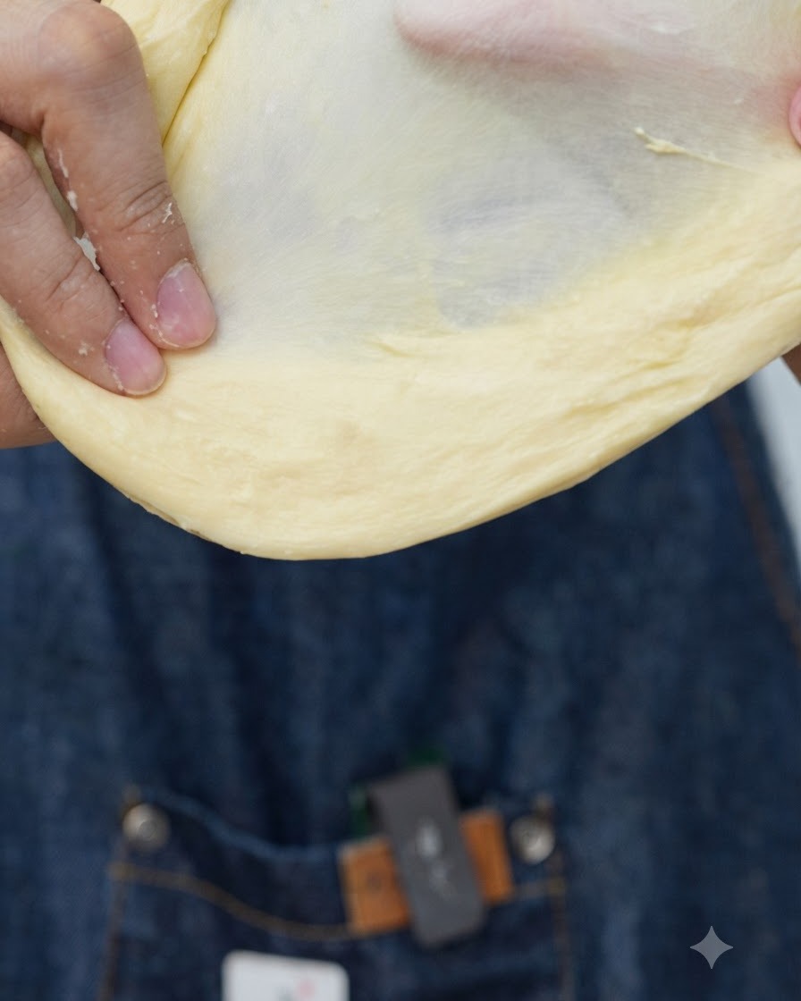 Ręce rozciągające kawałek gładkiego ciasta, aby pokazać cienką membranę okienka glutenowego.