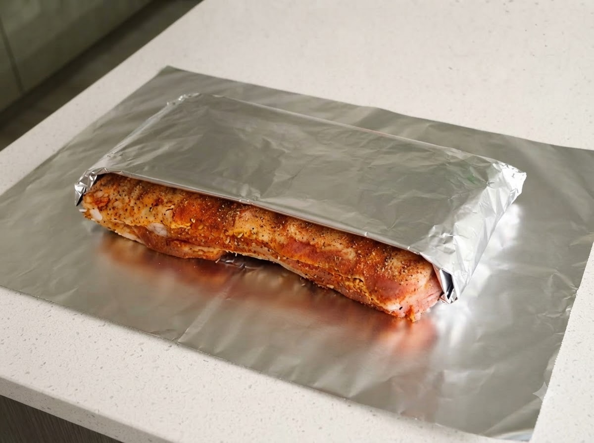 Doprawione żeberka wieprzowe szczelnie zawinięte w folię aluminiową na blasze do pieczenia.