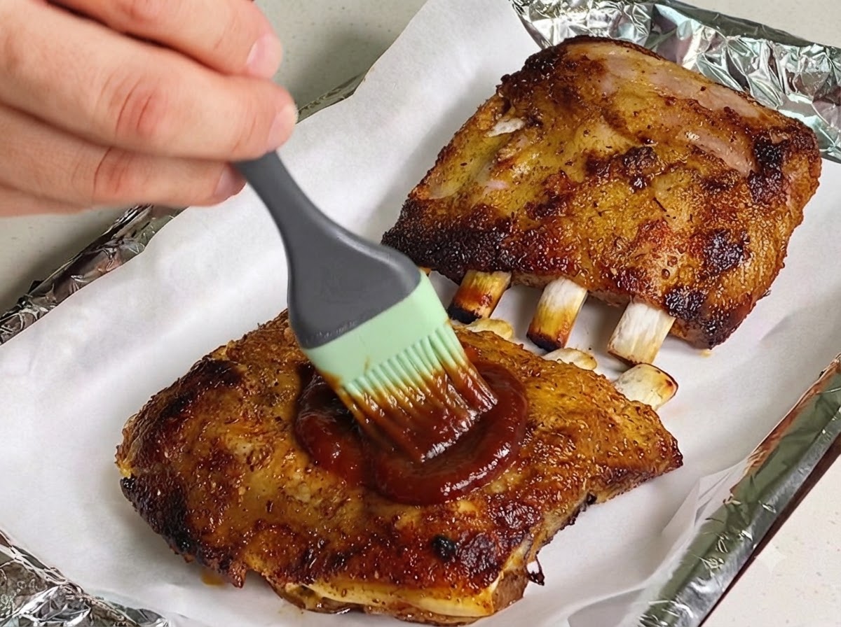 Upieczone żeberka wieprzowe z odsłoniętymi kośćmi obficie smarowane grubą warstwą sosu barbecue.