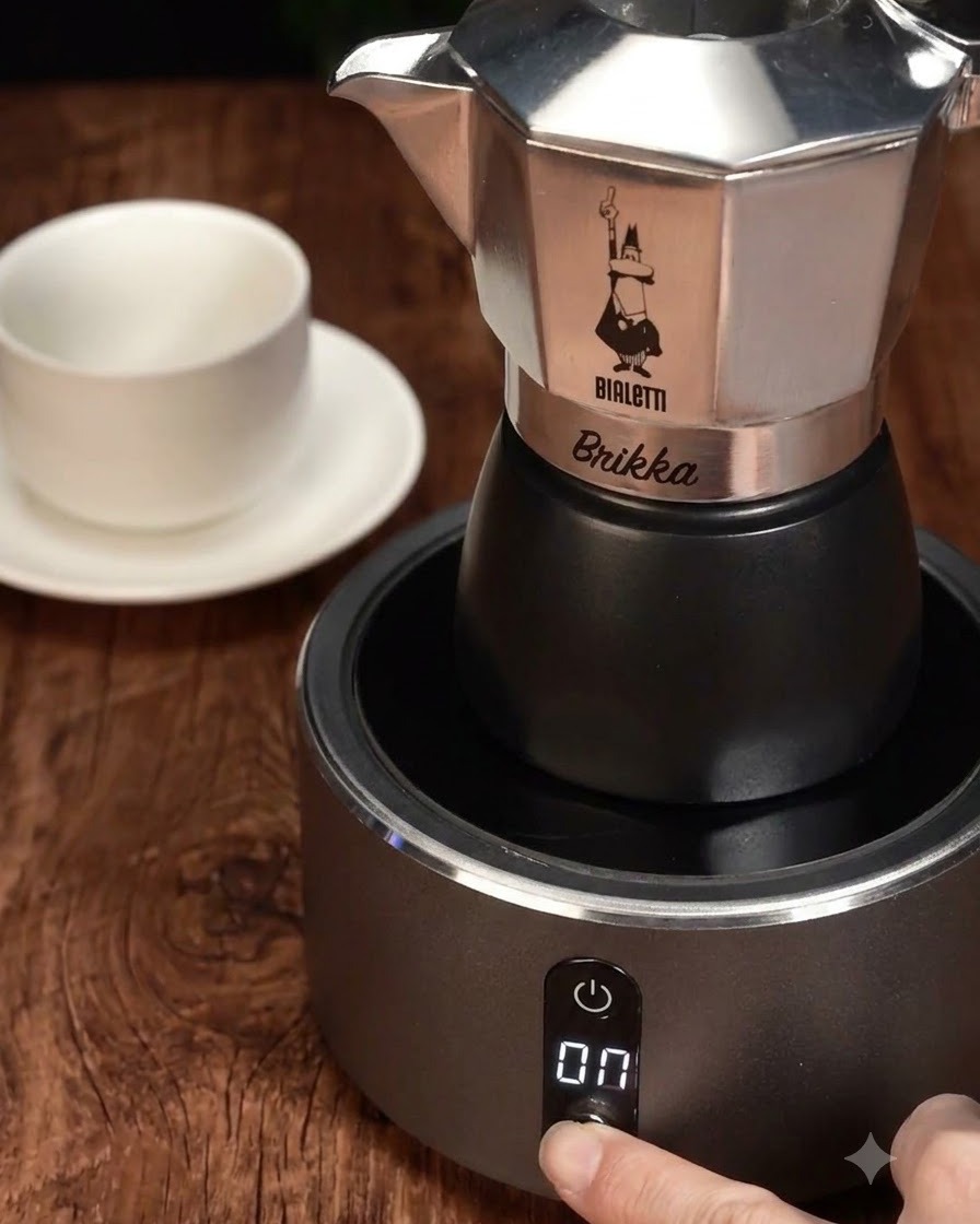 Kawiarka spoczywająca na elektrycznej bazie grzewczej podczas rozpoczynania procesu parzenia espresso.