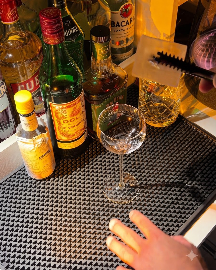 Szczypce ostrożnie umieszczające dużą kwadratową kostkę lodu w schłodzonym kieliszku do koktajli.