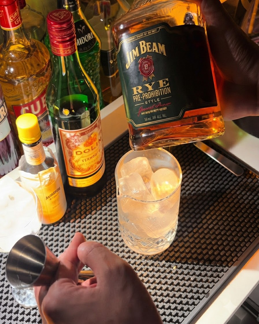 Whiskey żytnia przelewająca się z butelki do metalowej miarki barmańskiej trzymanej nad szklanicą.