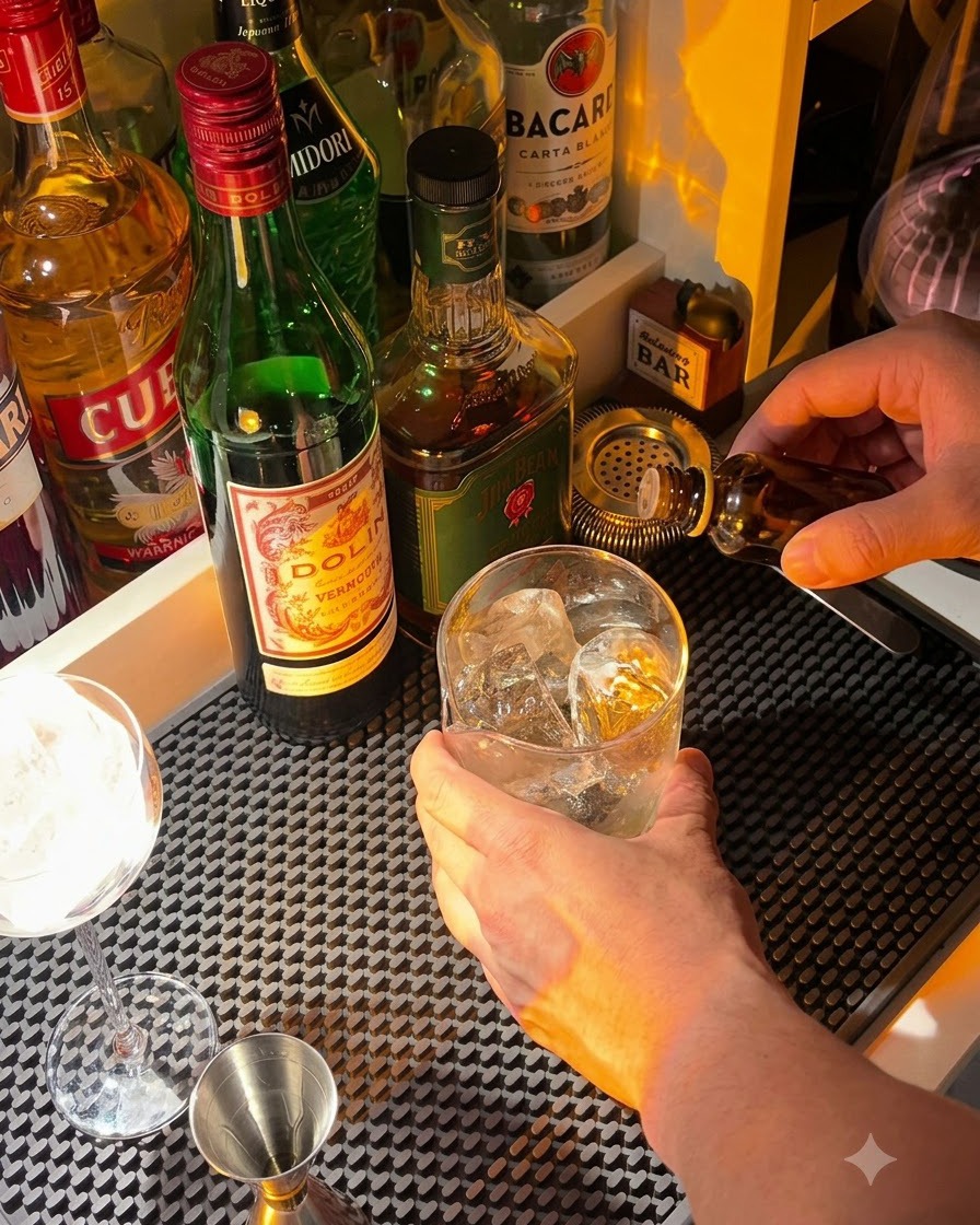 Butelka bittersa Angostura dozująca krople do szklanicy barmańskiej wypełnionej lodem.