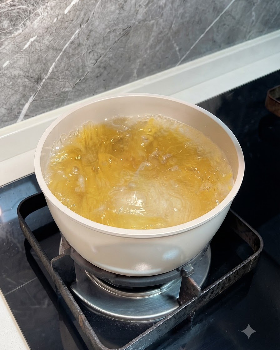 Spaghetti gotujące się w garnku z wrzącą wodą i kroplami oliwy z oliwek na powierzchni.