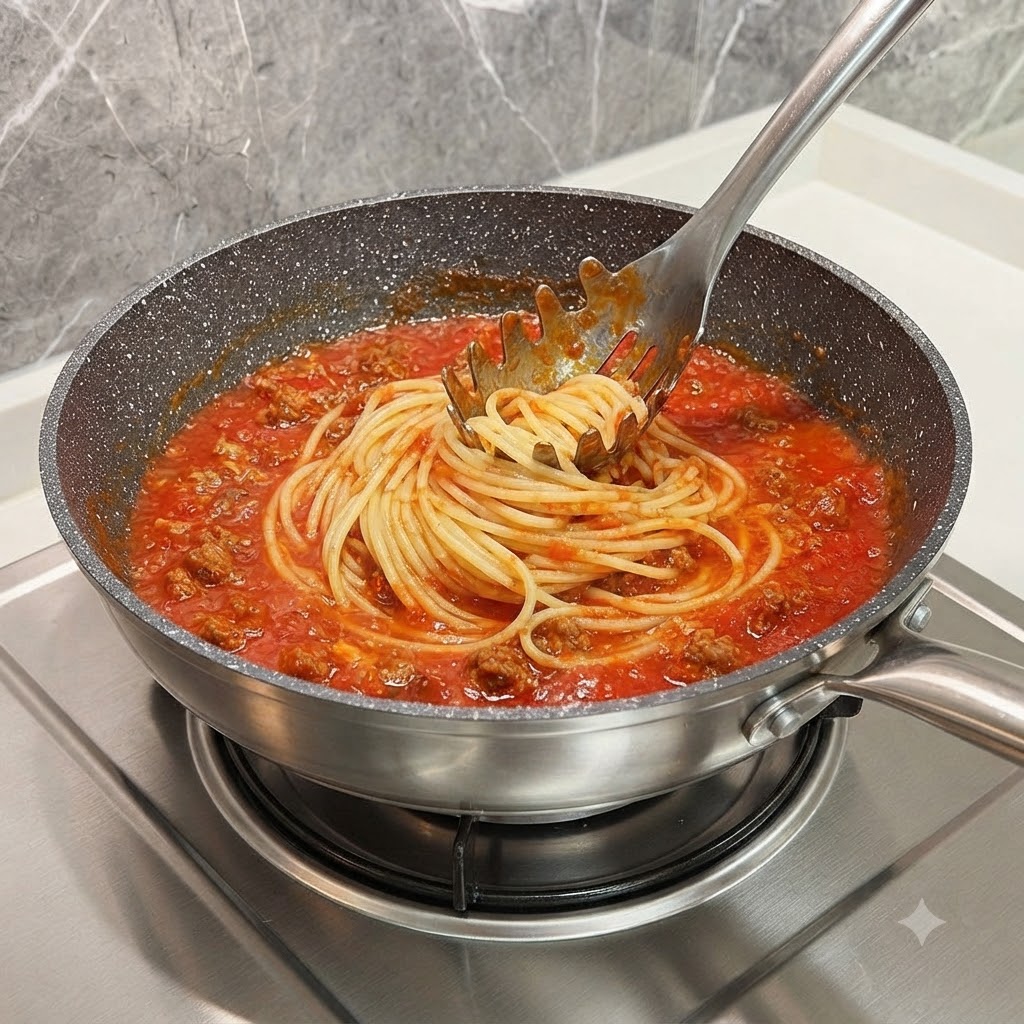 Ugotowane nitki spaghetti podnoszone i mieszane z gęstym, czerwonym sosem pomidorowym na patelni.